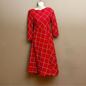 Metisu Red Windowpane Plaid Check 3/4 Sleeve Dress Sz XXS Fall Preppy